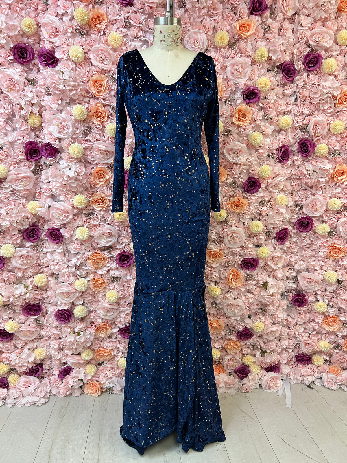 The Siren Mermaid Dress by Divination Barbie, a fitted long sleeve velvet gown with a deep V neckline and mermaid hem