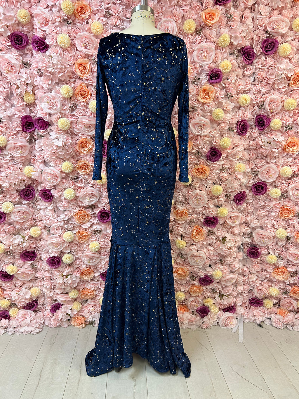 The Siren Mermaid Dress, body-hugging velvet silhouette that flares at the knee, view 3