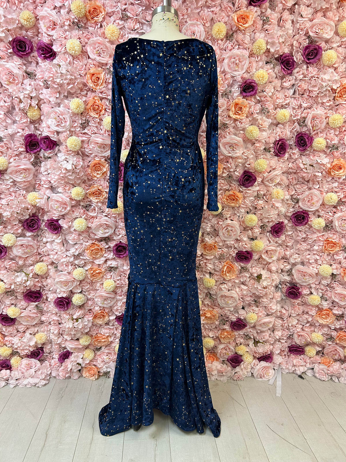 The Siren Mermaid Dress, body-hugging velvet silhouette that flares at the knee, view 3