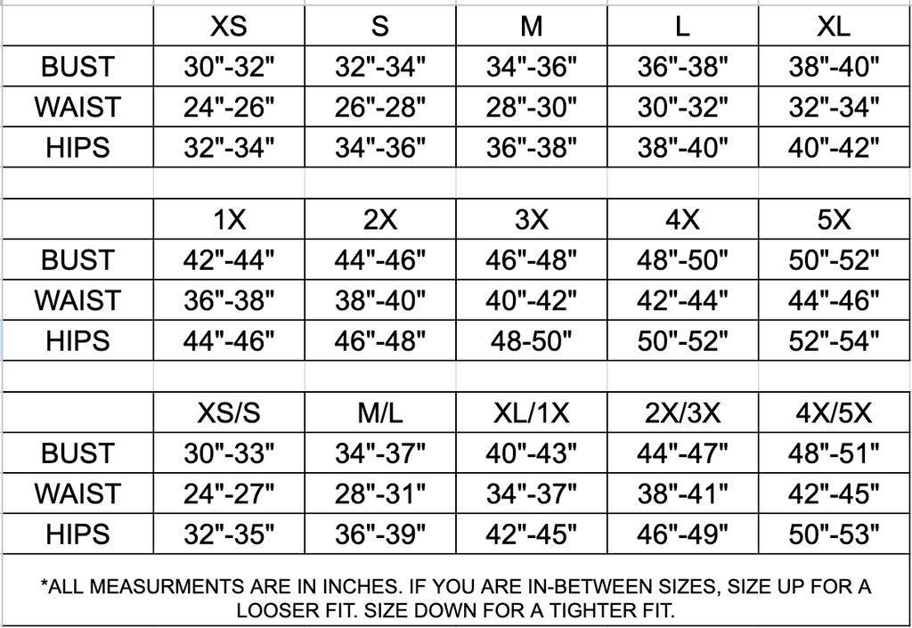 A size measurement chart for apparel showing height and hip measurements in inches for sizes XS through XL and for sizes 1X through 5X, with separate columns for bust, waist, and hips.