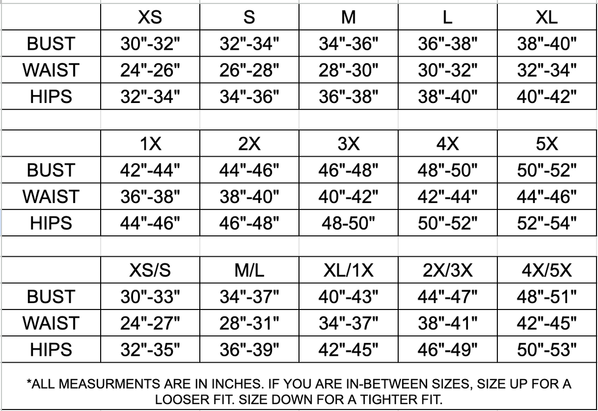 A size measurement chart for apparel showing height and hip measurements in inches for sizes XS through XL and for sizes 1X through 5X, with separate columns for bust, waist, and hips.